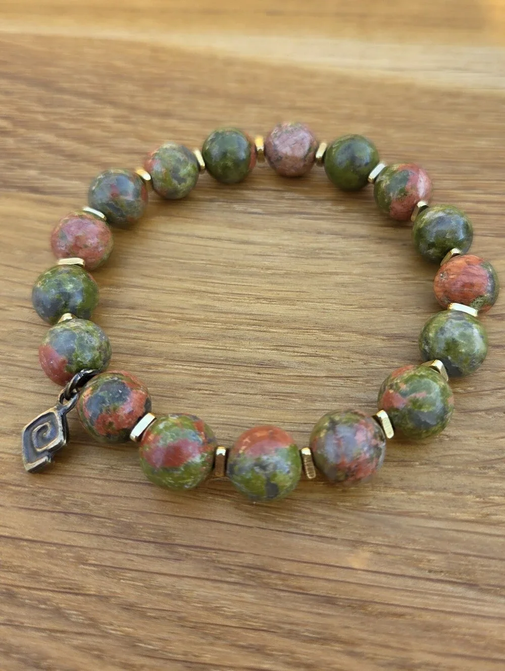 Green & Pink Unakite Beads Stretch Bracelet - Handcrafted